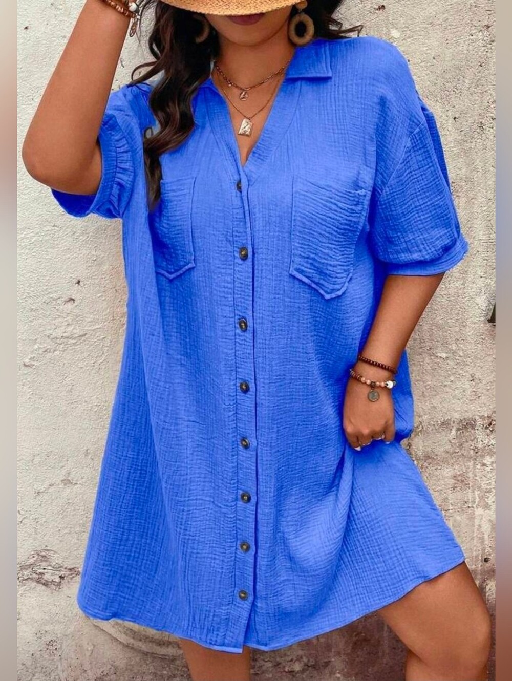 New Textured Cotton Button Down Shirt Dress PLUS Pockets Blue